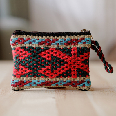 Cotton and wool coin purse, 'Ancestral Fortune' - Geometric-Patterned Red Zippered Cotton and Wool Coin Purse