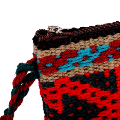 Cotton and wool coin purse, 'Ancestral Fortune' - Geometric-Patterned Red Zippered Cotton and Wool Coin Purse