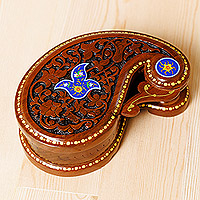 Wood puzzle box, 'Paisley & Magic' - Paisley-Shaped Walnut Wood Puzzle Box in Blue and Brown