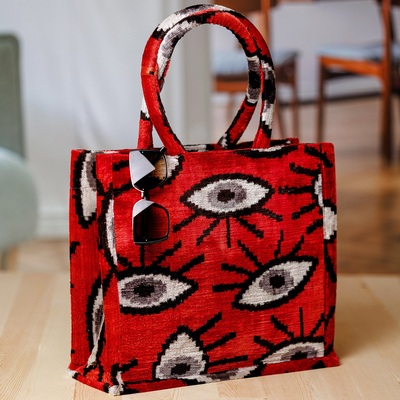 Silk velvet handle bag, 'Sophisticated Glances' - Eye-Patterned Red Silk Velvet Handle Bag from Uzbekistan