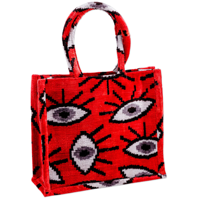 Silk velvet handle bag, 'Sophisticated Glances' - Eye-Patterned Red Silk Velvet Handle Bag from Uzbekistan