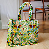 Tasche mit Henkel aus Seidensamt, „Green Adoration“ – Tasche mit Henkel aus grünem Seidensamt mit Granatapfelmotiv