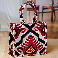 Silk velvet handle bag, 'Vibrant Manor' - Traditional-Patterned Red and White Silk Velvet Handle Bag