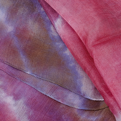 Fular de seda tratamiento anudado - Bufanda de seda púrpura y rosa teñida con corbata abstracta tejida a mano
