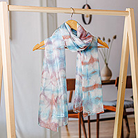 Fular de seda tratamiento anudado - Bufanda de seda azul y naranja teñida con corbata abstracta tejida a mano