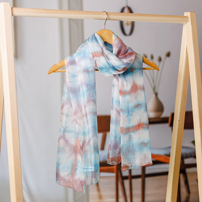 Tie-dyed silk scarf, 'Ocean Dimension' - Handwoven Abstract Tie-Dyed Blue and Orange Silk Scarf