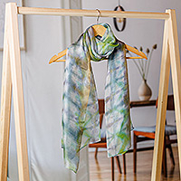 Tie-dyed silk scarf, 'Lagoon Dimension' - Handwoven Abstract Tie-Dyed Green and Blue Silk Scarf