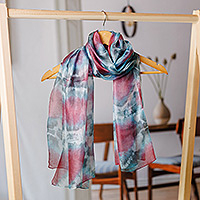 Tie-dyed silk scarf, 'Twilight Dimension' - Handwoven Abstract Tie-Dyed Pink and Blue Silk Scarf