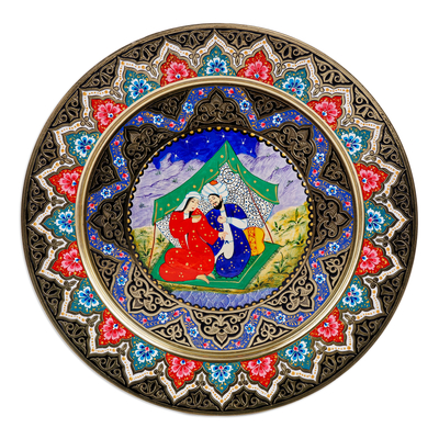 Brass wall art, 'Romance in Bukhara' - Traditional Romantic Hand-Painted Round Brass Wall Art