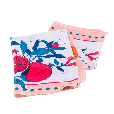 Silk scarf, 'Pomegranate Magic' - Hand-Woven 100% Silk Scarf with Pomegranate & Floral Motifs