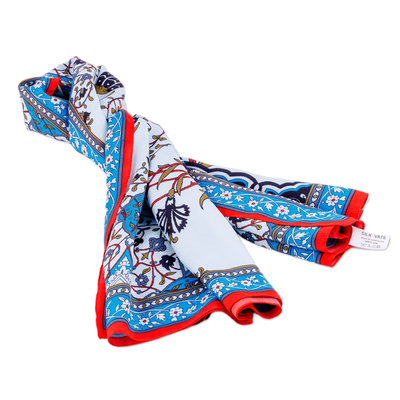 Pañuelo de seda - Bufanda cuadrada tejida a mano 100% seda con temática floral y vid