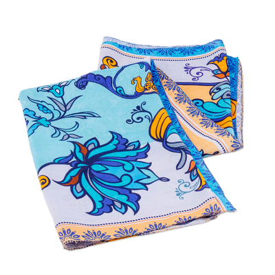 Pañuelo de seda - Bufanda cuadrada floral 100% seda tejida a mano en azul y amarillo
