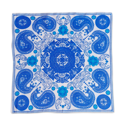 Pañuelo de seda - Pañuelo tejido a mano 100% seda azul con temática paisley