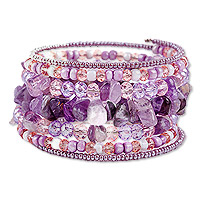 Amethyst and crystal beaded wrap bracelet, 'Auras of Wisdom' - Handmade Natural Amethyst and Crystal Beaded Wrap Bracelet