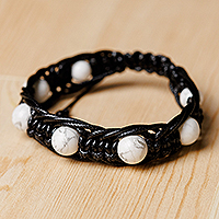 Agate beaded macrame bracelet, 'Shambhala Divinity' - Handmade White Agate Beaded Macrame Shambhala Style Bracelet