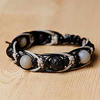 Chalcedony beaded macrame bracelet, 'Grey Calls' - Grey and Black Macrame Bracelet with Chalcedony Gems