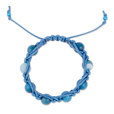 Chalcedony beaded macrame bracelet, 'Shambhala Sky' - Blue Chalcedony Beaded Macrame Shambhala Style Bracelet