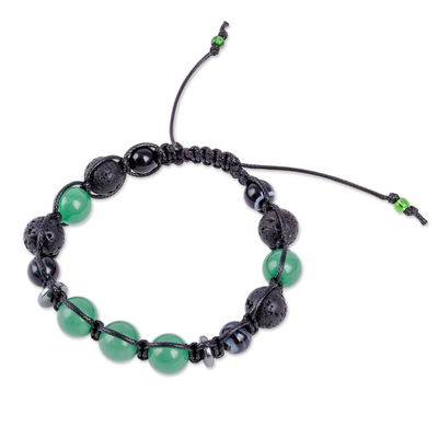 Multi-gemstone beaded macrame bracelet, 'Green Realms' - Adjustable Green and Black Multi-Gemstone Beaded Bracelet