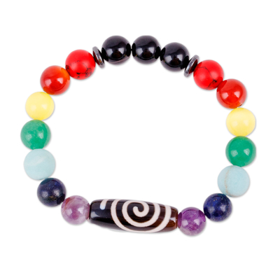 Multi-gemstone beaded stretch bracelet, 'Rainbow Dzi' - Spiral Dzi Multi-Gemstone Beaded Stretch Pendant Bracelet