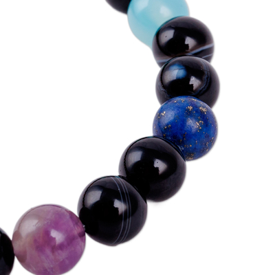 Multi-gemstone beaded stretch bracelet, 'Harmonious Dzi' - colourful Spiral Dzi Multi-Gemstone Beaded Pendant Bracelet
