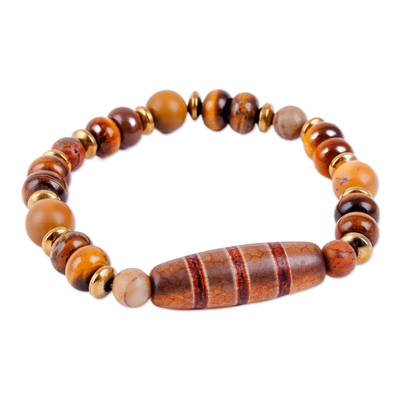 Multi-gemstone beaded stretch bracelet, 'Earthy Dzi' - Brown Striped Dzi Multi-Gemstone Beaded Pendant Bracelet