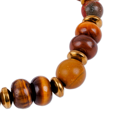 Multi-gemstone beaded stretch bracelet, 'Earthy Dzi' - Brown Striped Dzi Multi-Gemstone Beaded Pendant Bracelet