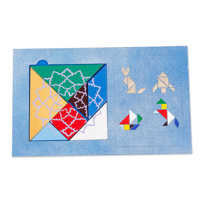 Walnut wood tangram puzzle, 'Brain Teaser' - Handcrafted and Painted Colorful Walnut Wood Tangram Puzzle