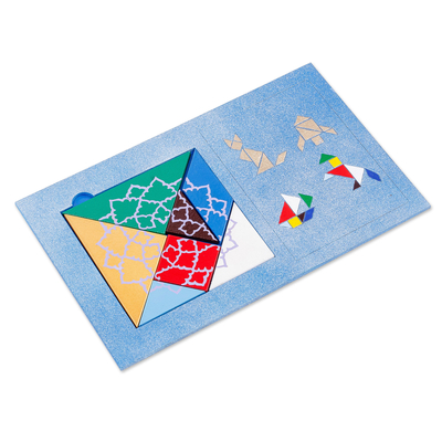 Tangram-Puzzle aus Walnussholz - Handgefertigtes und bemaltes farbenfrohes Tangram-Puzzle aus Walnussholz