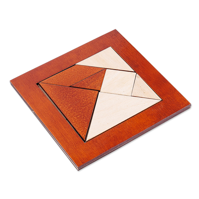 Walnut wood tangram puzzle, 'Brain Riddle' - Walnut Wood Tangram Puzzle Handcrafted in Uzbekistan