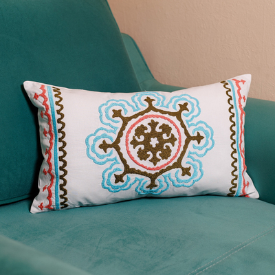 Hand-embroidered suzani cotton cushion cover, 'Tajik Splendor' - Colorful Hand-Embroidered Suzani Cotton Cushion Cover