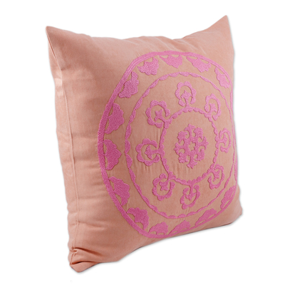Hand-embroidered suzani cotton blend cushion cover, 'Bright Mandala' - Hand-Embroidered Suzani Cotton Blend Mandala Cushion Cover