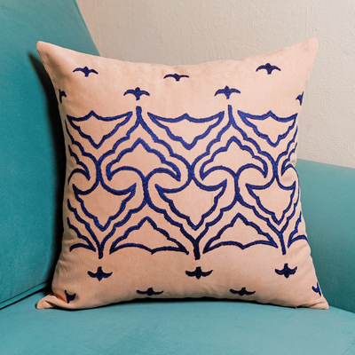 Hand-embroidered suzani cotton blend cushion cover, 'Flying Birds' - Traditional Suzani Embroidered Cotton Blend Cushion Cover