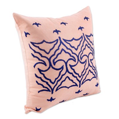 Hand-embroidered suzani cotton blend cushion cover, 'Flying Birds' - Traditional Suzani Embroidered Cotton Blend Cushion Cover