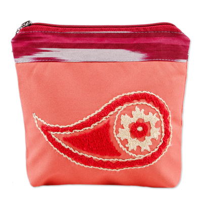 Hand-embroidered suzani cotton cosmetic bag, 'Chic Paisley' - Cotton Cosmetic Bag with Suzani Hand Embroidery Ikat Accent