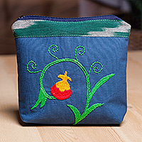 Hand-embroidered suzani cotton cosmetic bag, 'Iconic Fruit' - Suzani Hand-Embroidered Ikat-Accented Cotton Cosmetic Bag
