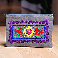 Hand-embroidered suzani cotton cosmetic bag, 'Chic Style' - Blue Cotton Cosmetic Bag with Suzani Hand-Embroidered Motifs