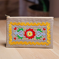 Hand-embroidered suzani cotton cosmetic bag, 'Chic Splendor' - Traditional Suzani Hand-Embroidered Cotton Cosmetic Bag