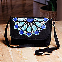Hand-embroidered suzani cotton sling bag, 'Star Radiance' - Cotton Sling Bag with Suzani Hand-Embroidered Star Motifs
