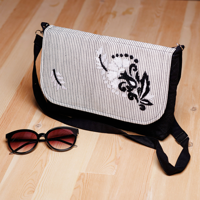 Hand-embroidered suzani cotton sling bag, 'Luxe Flair' - Cotton Sling Bag with Floral and Leaf Suzani Hand Embroidery