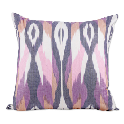 Cotton cushion cover, 'Hidden Peacock' - Peacock-Inspired Ikat Patterned Purple Cotton Cushion Cover