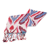 Cotton ikat scarf, 'Palace Colors' - Handcrafted Ikat Patterned Red and Blue Fringed Cotton Scarf
