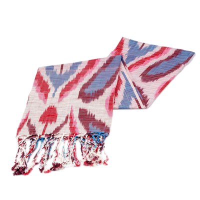 Cotton ikat scarf, 'Palace colours' - Handcrafted Ikat Patterned Red and Blue Fringed Cotton Scarf