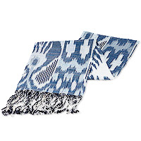 Cotton ikat scarf, 'Blue Wish' - Handcrafted Ikat Patterned Blue Fringed Cotton Scarf