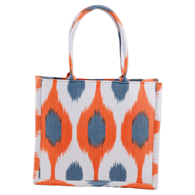 Cotton handle bag, 'Orange Universes' (large) - Handcrafted Orange and Blue Ikat Cotton Handle Bag (Large)