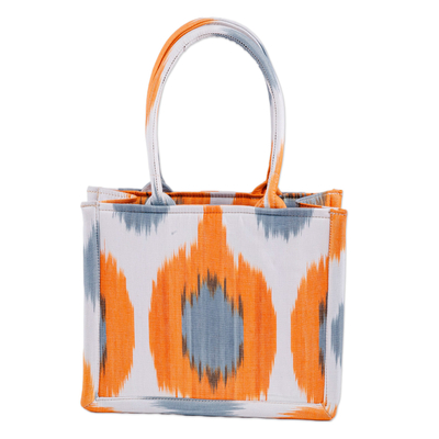Bolsa con asa de algodón, (pequeña) - Bolso hecho a mano con asa de algodón Ikat naranja y azul (pequeño)