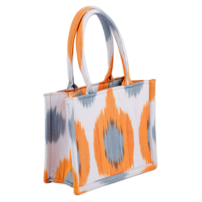 Cotton handle bag, 'Orange Universes' (small) - Handcrafted Orange and Blue Ikat Cotton Handle Bag (Small)