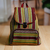 Cotton backpack, 'Natural Traveler' - Adjustable Striped Green and Red Janda Cotton Backpack