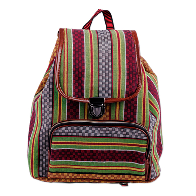 Cotton backpack, 'Natural traveller' - Adjustable Striped Green and Red Janda Cotton Backpack
