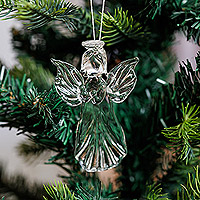 Handblown glass ornament, 'Angelic Blessing' - Handblown Crystal-Clear Angel Glass Ornament from Uzbekistan