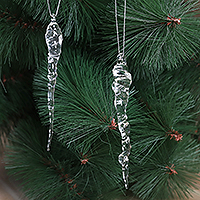 Handblown glass ornaments, 'Winter Magic' (pair) - Pair of Handblown Clear Icicle Glass Ornaments